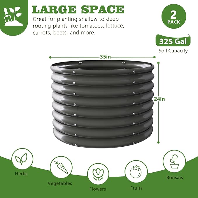 A ANLEOLIFE 2-Pack 3ft x 24” Tall Galvanized Raised Garden Beds Outdoor Round Metal Planter Box for Planting Vegetables Flowers Herb Anti-Rust &amp Easy-Setup Quartz Grey