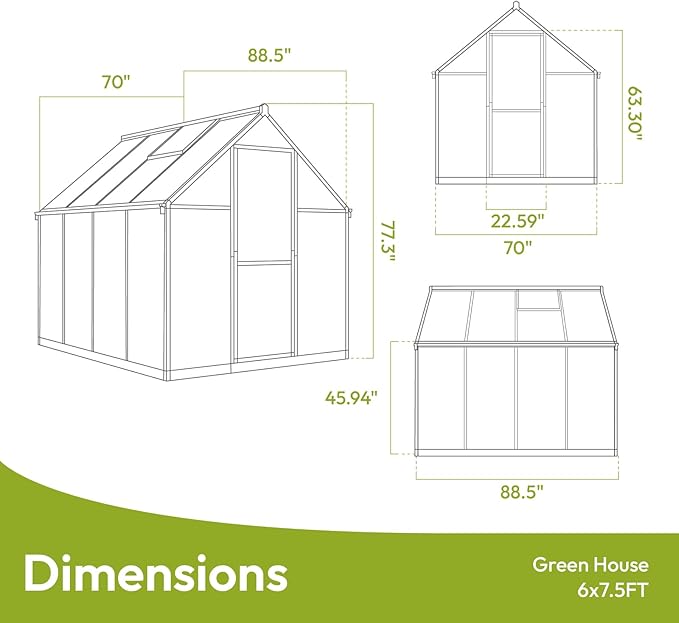 VIWAT 6x7.5 FT Greenhouse for Outdoors Polycarbonate Greenhouse with Quick Setup Structure and Roof Vent Aluminum Large Walk-in Green House for Outside Garden Backyard Black