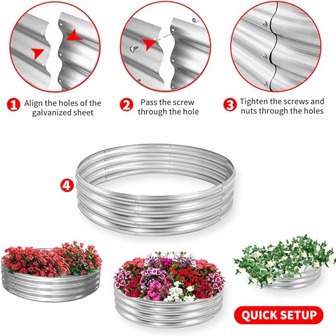 4 ft Galvanized Steel Round Raised Garden Bed Large Outdoor Metal Planter Box Big Flower Plant pots for Patio Backyard Porch Deck Planting Flowers Vegetables and Herbs (Silver 4 ft)