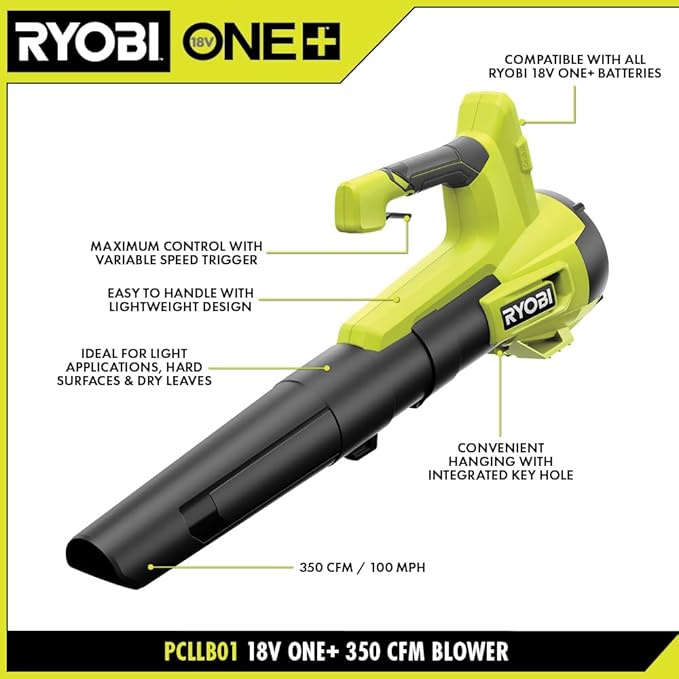 RYOBI ONE+ 18V 100 MPH 350 CFM Cordless Battery Variable Speed Jet Fan Leaf Blower with Battery and Charge (Renewed)