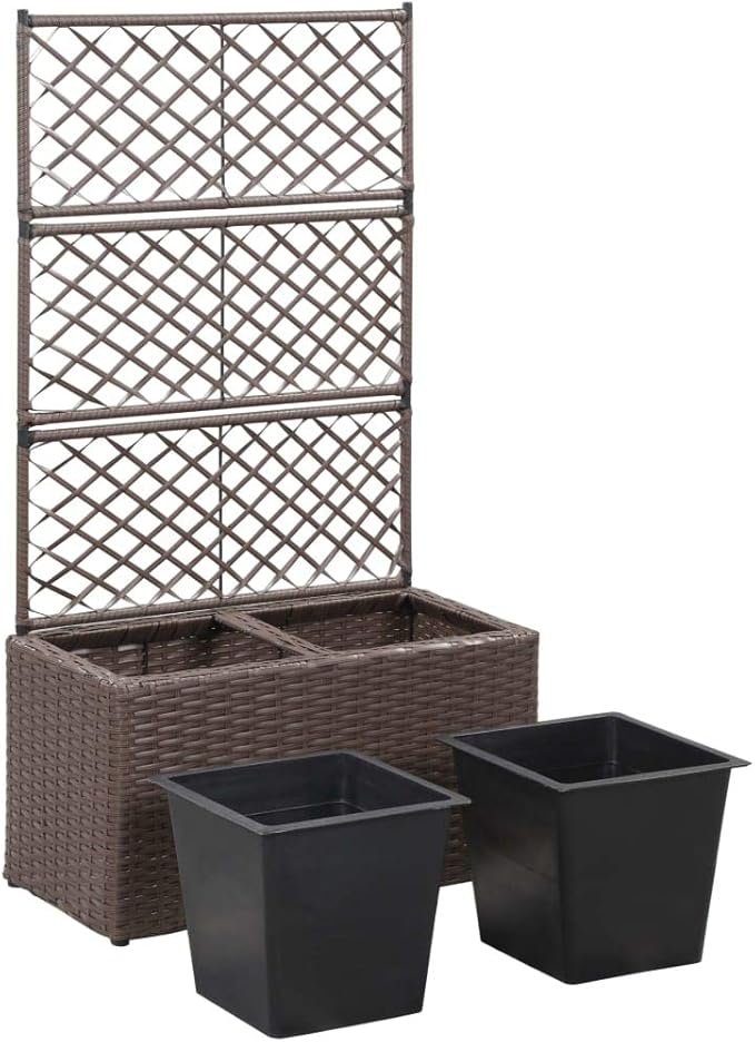 Garden Trellis Raised Bed with 2 Pots Lattice Panels Freestanding Poly Rattan Plant Raised Bed for Outdoor Climbing Planting Yard Patio Decoration Brown 22.8 x 11.8 x 42.1