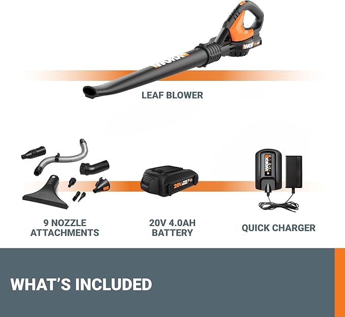 WORX Cordless Leaf Blower Electric Blowers for Lawn Care with 120 MPH &amp 3.5 LBS Long Nozzle Design for Narrow Spaces with Cleaning Attachments Battery &amp Charger Included WG545.1