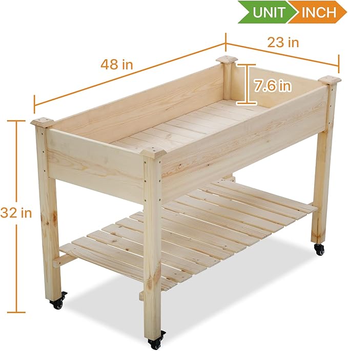 Dkelincs Raised Garden Bed Wood Elevated Outdoor Planter Box with Legs &amp Wheels Large 48x23x32 Inch Vegetable Flower Herb Garden Planter