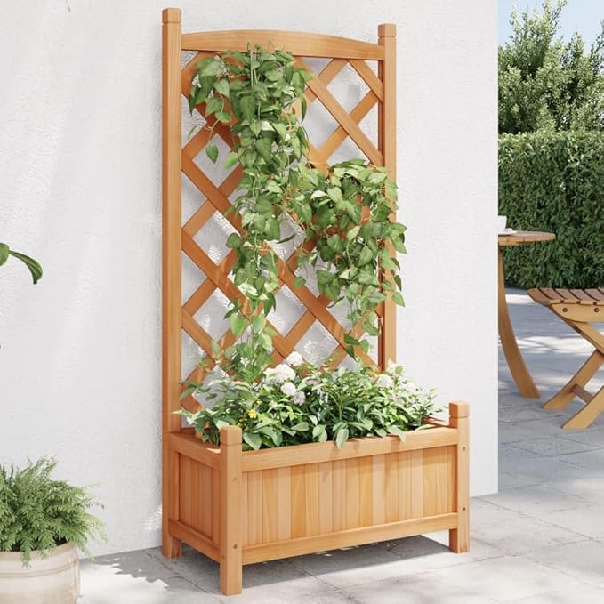 Solid Wood Garden Planter with Trellis Wood Raised Garden Bed Planter with Trellis Outdoor Garden Box for Climbing Plants Brown Solid Wood Fir-765