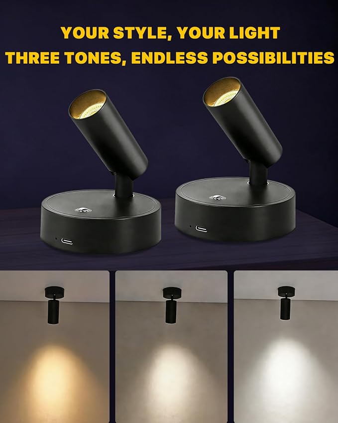 6PACK Dimmable Indoor Spotlights - LED Rechargeable 350° Rotatable Wireless Lighting with 3 Colors for Plants Paintings and Artwork Accent Lighting (Black)