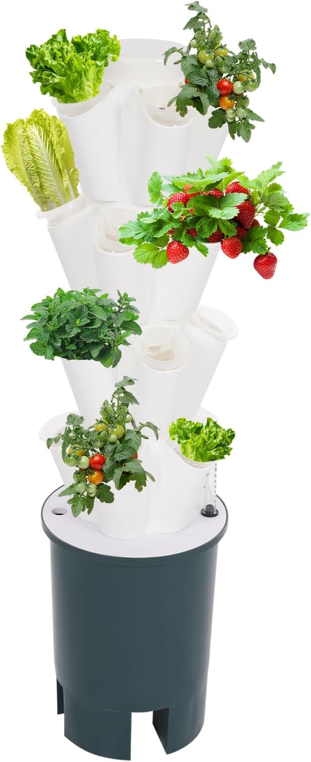 20 Growing Grooves Hydroponic Growing Kit Hydroponic Growing Tower Set Vertical Vegetable Plant Tower Self-Watering Garden Planter Tower (20 Growing Grooves)