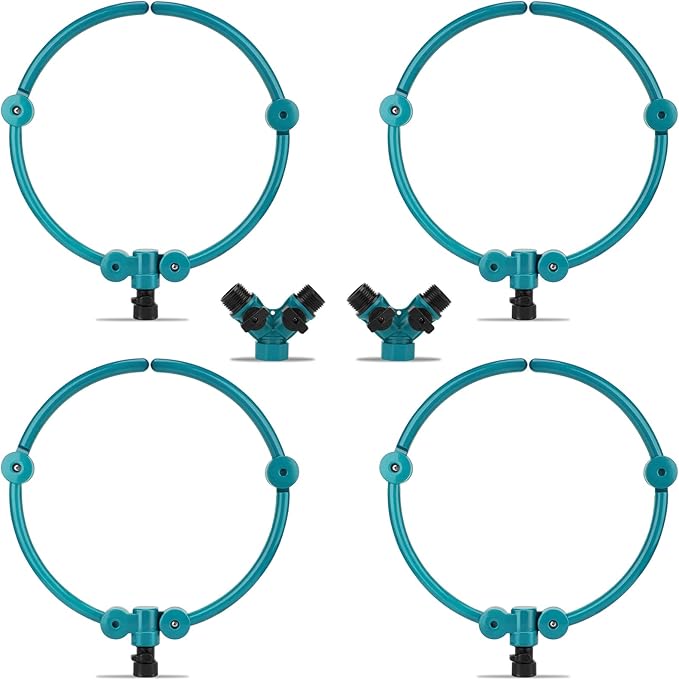 4 Pcs 360° Tree Water System Tree Root Watering Ring 13 Inch Circle Sprinkler Irrigation Slow Release Targeted Water with Y Hose Splitter for New Tree Outdoor Plants Raised Garden Beds (Green Small)