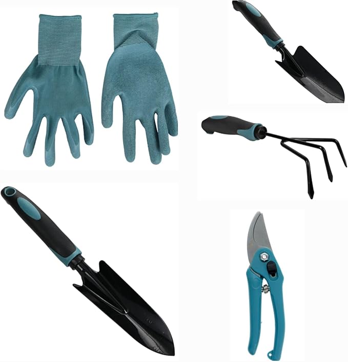 DADE Garden Hand Tools Sets Knit-Latex Grip GlovesSoft-Grip Handles Small Shovel Soft-Grip Handle Trowelby-Pass Pruning ShearSoft-Grip Handle Cultivators (Blue) 5 Pcs