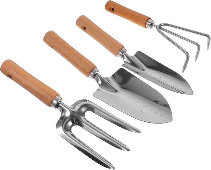 Wakauto 4pcs Garden Hand Tools Set with Wooden Handles – Small Shovel Wide Trowel Three-Tine Rake and Cultivator for Planting and Outdoor Gardening Tasks