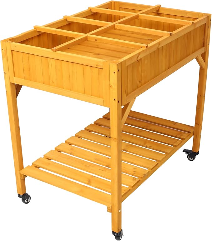 Elevated 8 Pocket Herb Garden BedMobile Raised Customizable Wood Planter for HerbsVegetablesFlowers w/Lockable WheelsStorage ShelfDrainage Holes