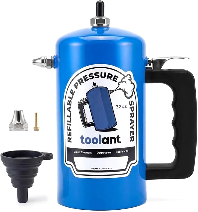 toolant 32oz Refillable Pressurized Sprayer Steel Canister Rust-Resistant Lining Needle Valve Leak-Resistant 1.0/0.6mm Nozzles Funnel Included 200 PSI Max for Brake Cleaner &amp Solvents Blue