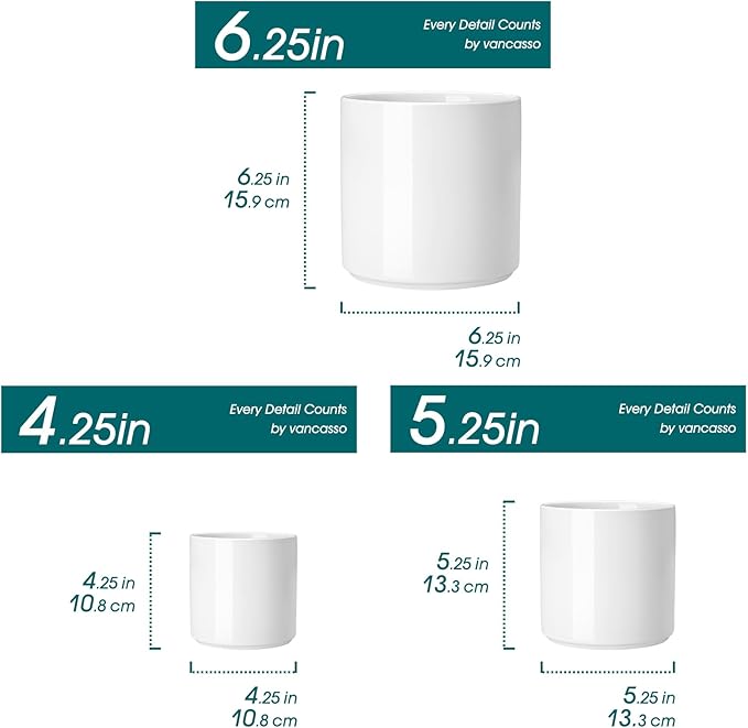 vancasso Ceramic Plant Pots 4.25+5.25+6.25 Inch Planter Pot with Drainage Hole Flower Pots for Indoor Outdoor Plants Set of 3 White