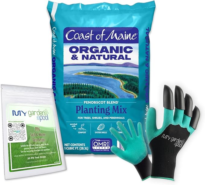 Coast of Maine PE1000 Penobscot Tree &amp Shrub Planting Mix 1 cf with My Garden Pool 7-in-1 Soil Test Strips 20 ct. and Claw Gardening Gloves