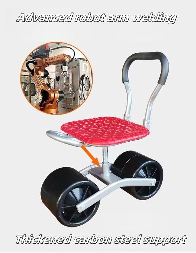 German Craft Garden Rolling Work Stool - Foldable Adjustable Height Gardening Bench with Wheels &amp Backrest for Gardening Farming Auto Repair Workshop (300lbs CapacityTwo wheels red foldable)