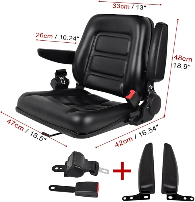 Foldable Universal Lawn Mower SeatWaterproof Artificial Leather Seat with 0-90°Armrest &amp Retractable SeatbeltBlack PVC Forklift Seat w/Adjustable Angle Backrest and Sli(Size:no HeadrestColor:Bl