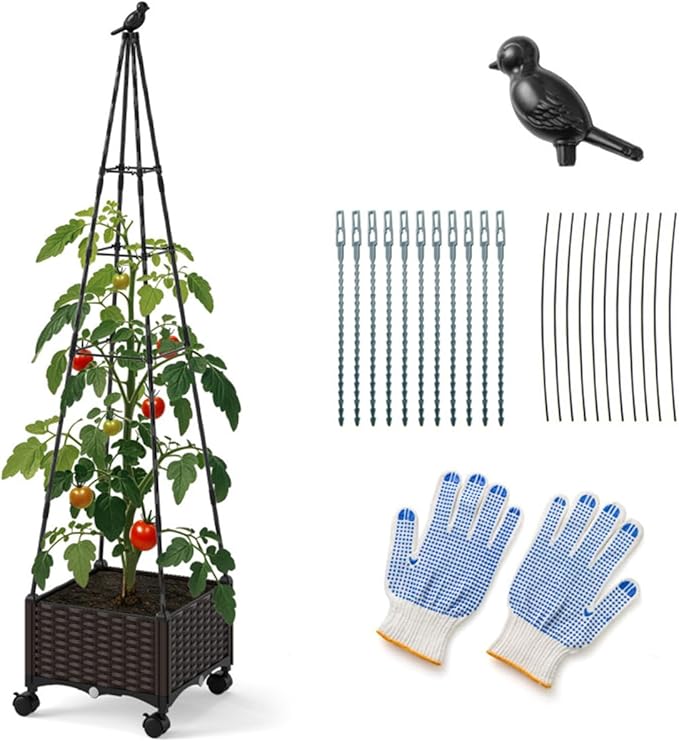 Garden Bed Planter Box with Trellis Tomato Planters for Climbing Plants Vegetable Vine Flowers Outdoor Patio Tomatoes Cage with WheelsPlanter Box with Trellis Easy Assembly &amp Expandable