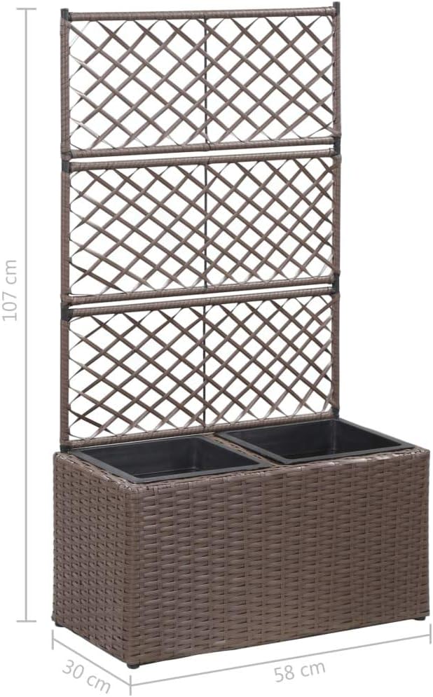 Garden Trellis Raised Bed with 2 Pots Lattice Panels Freestanding Poly Rattan Plant Raised Bed for Outdoor Climbing Planting Yard Patio Decoration Brown 22.8 x 11.8 x 42.1