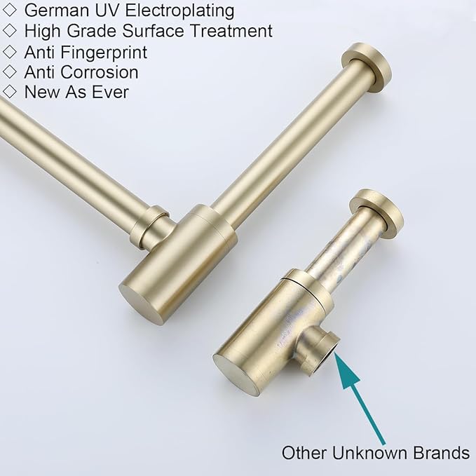 RANDOM Brushed Gold Brass Round Bottle P Trap Kit with Pop Up Drain Stopper without Overflow.RD83888BG-L-S8
