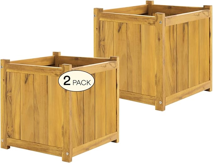 Idzo Set of 2 Acacia Wood Flower Planters for Outdoor Plants Ergonomic Handles Drainage Holes Various Sizes Ideal for Home Décor Golden Teak