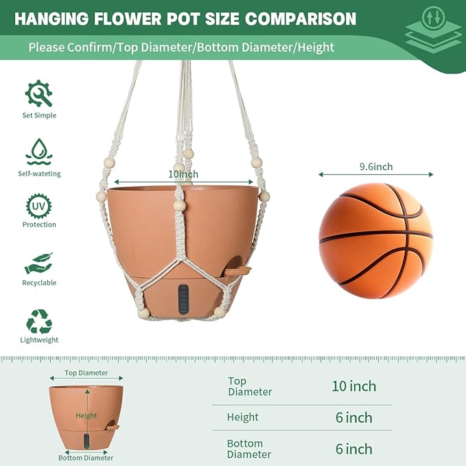 Self-Watering Hanging Planters for Indoor Plants Set 2-Piece Includes Plant Hanging Pot Drainage-Hole Hanging Pot and Hanging Basket Rack (Terracotta10 Inches)