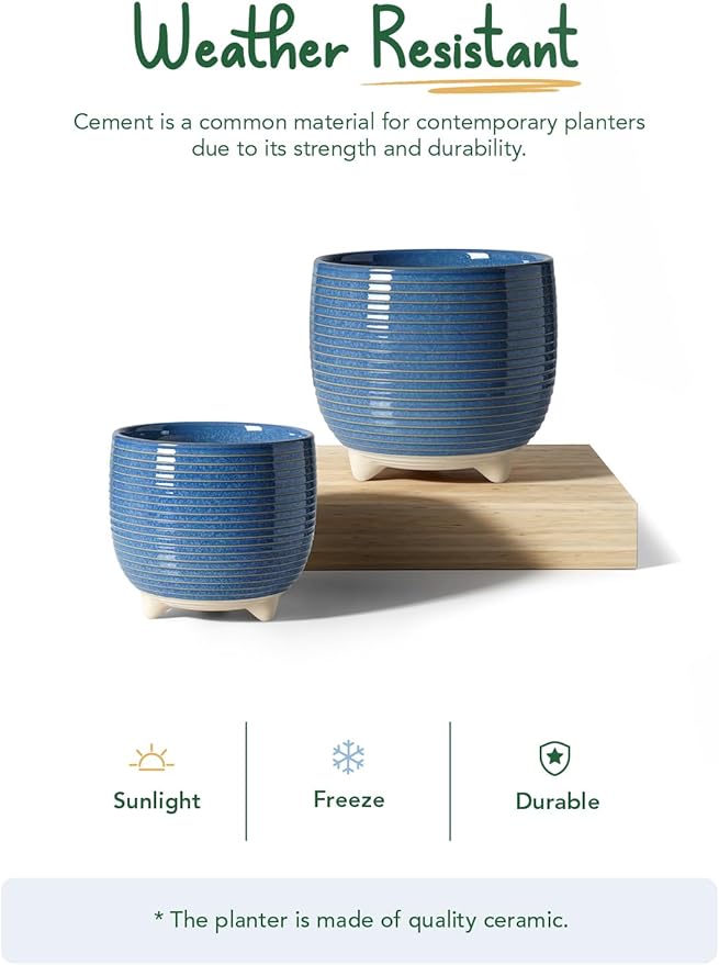 LE TAUCI Ceramic Plant Pots 5.1 + 6.4 Inch Footed Pots for Plants Modern Flower Pots for Home and Office Indoor Planters with Drainage Reactive Glaze Blue
