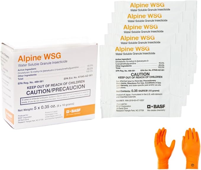 Alpine WSG Insecticide: 1 Box with 5 x 10g Packets and USA Supply Protective Gloves &amp Pest Identifcation Card | Target Pests: Ants German roaches Bed Bugs for Indoor &amp Outdoor use.