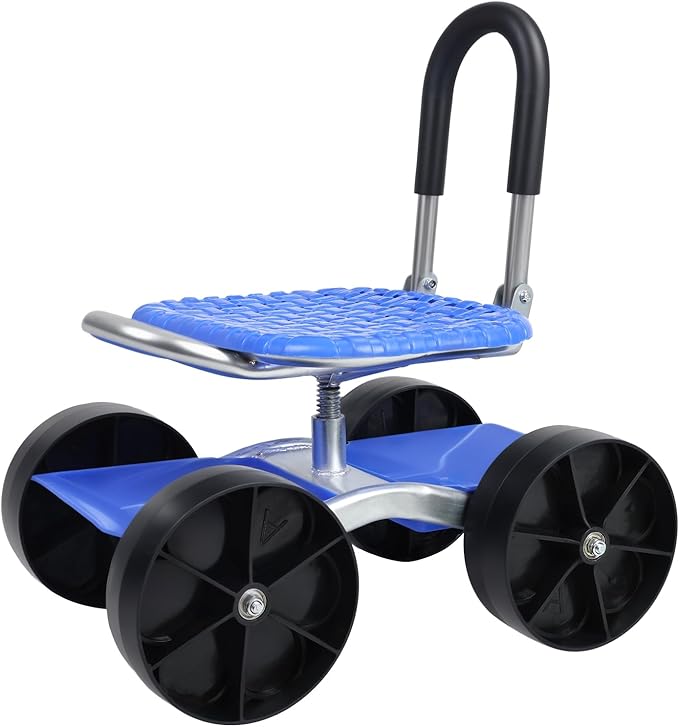 Garden Cart Rolling Workseat with Wheels Garden Stool for Planting 360 Degree Swivel Seat Wagon Scooter with Steering Handle &amp Utility Tool Tray Use for Patio Yard and Outdoors Blue