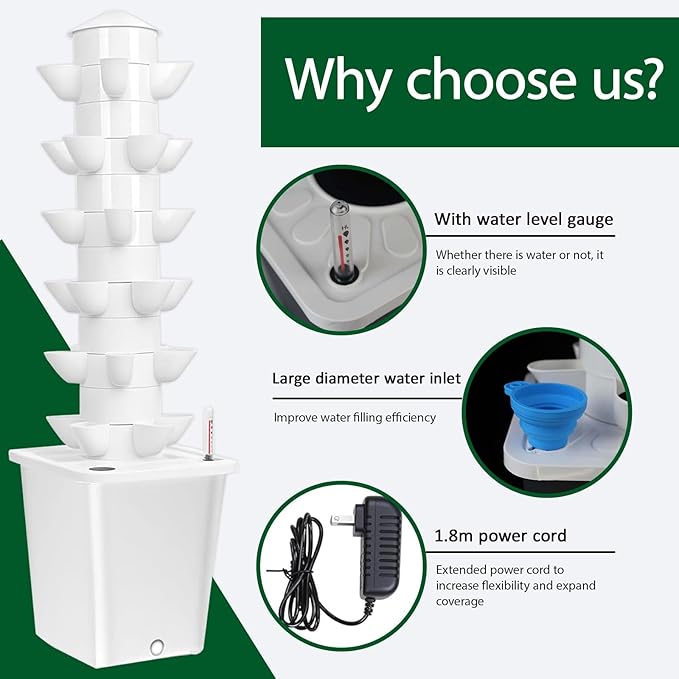 Aeroponic Tower Garden System with 10L Tank 6 Tier 30 Hole Hydroponic Tower System Vertical Farming Tower Kit for Home Kitchen and Office(White)
