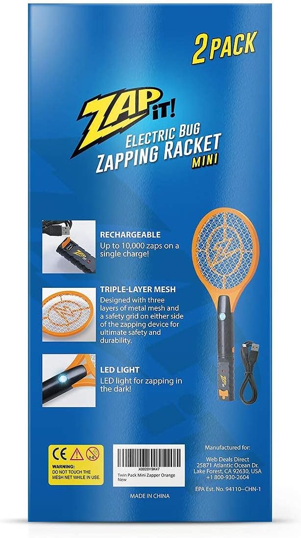 ZAP IT! Bug Zapper Rechargeable Bug Zapper Racket 4000 Volt USB Charging Cable 2 Pack (Mini Orange)