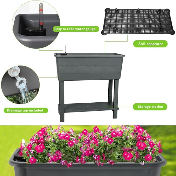 3 Pcs Self Watering Elevated Raised Garden Bed Large Outdoor Plastic Planter Box Big Flower Plant Pot for Planting Flowers Vegetables and Herbs (3 Dark Grey)