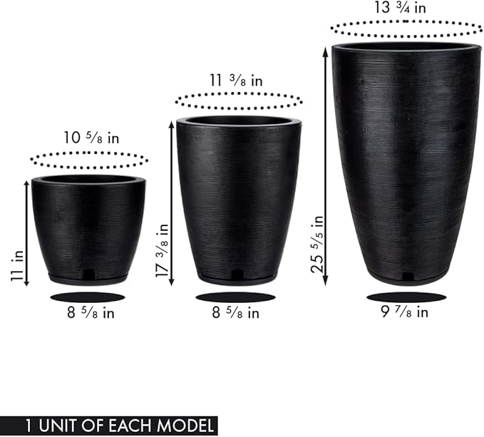Floridis Set of 3 Black Planters for Indoor Outdoor Plants 11/17/25 Inch Plastic Plant Pots with Drainage Hole and Saucer for Patio and Front Porch