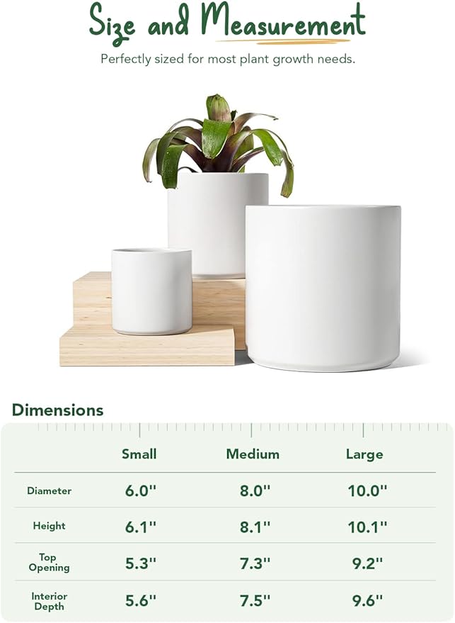 LE TAUCI Ceramic Pots for Plants 10/8/6 Inch Indoor Planters with Draiange Hole Silicone Plug &amp Mesh Pad Modern Minimalist Pots for Home Office Set of 3 Satin White