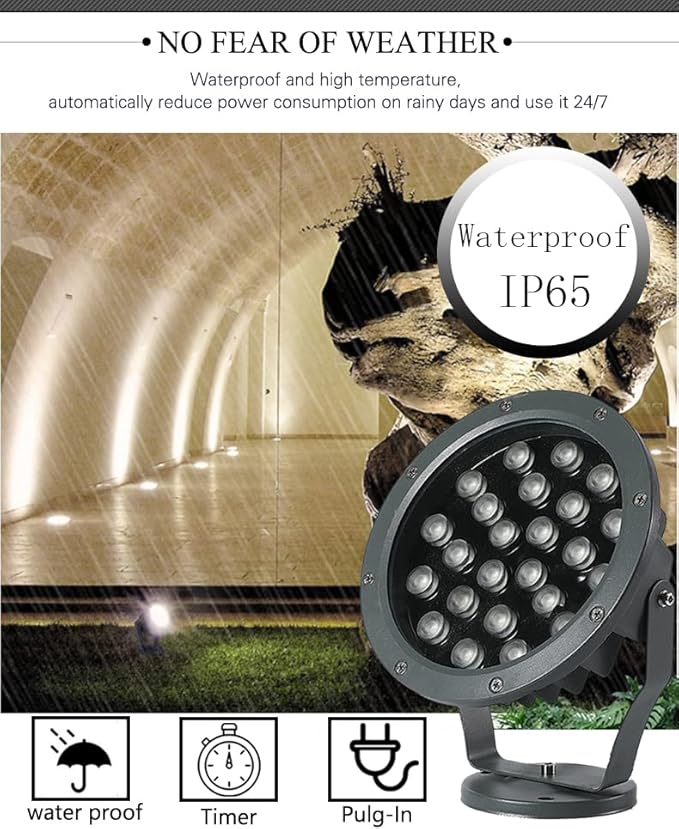 Outdoor LED Spotlight Waterproof Bright Outdoor Landscape Automatic Timer Mini Lawn Lamp 24W Graden Lights Lawn Decorative Lamp with Plug Flag Light Courtyard Facial Lighting Warm White