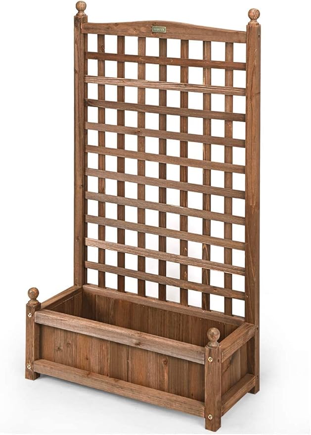 GRAFFY Wood Planter Raised Bed with Trellis Outdoor Raised Garden Bed Planter Box for Climbing Plants w/Drainage Holes Free-Standing Raised Planter for Patio Garden Yard