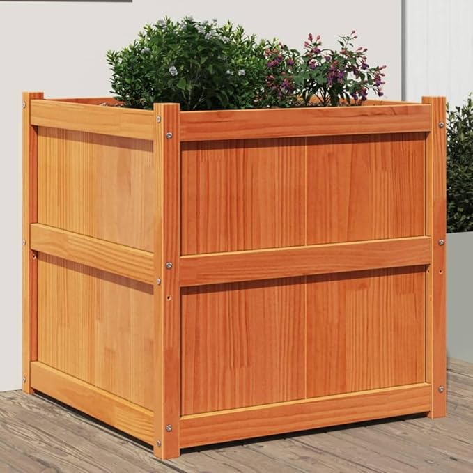Garden Planter Wax Brown Solid Pine Wood 27.6 in Square Planters for Outdoor Plants Raised Garden Bed for Patio Balcony Deck