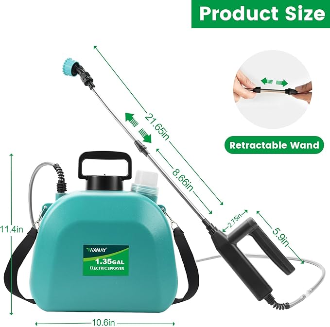Battery Powered Sprayer 1.35 Gallon 2026 Electric Garden Sprayer with 3 Adjustable Speeds 4 Mist Nozzles Rechargeable Handle Retractable Wand with Adjustable Shoulder Strap for Weed Lawn(Green)