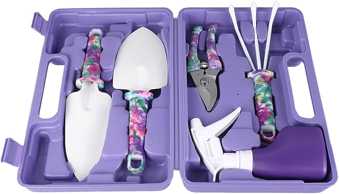 5 Piece Garden Tools Set with Gloves Gardening Hand Tools Kit with Storage Bag with Cultivator Rake Shovels Branch Scissors Spray Can