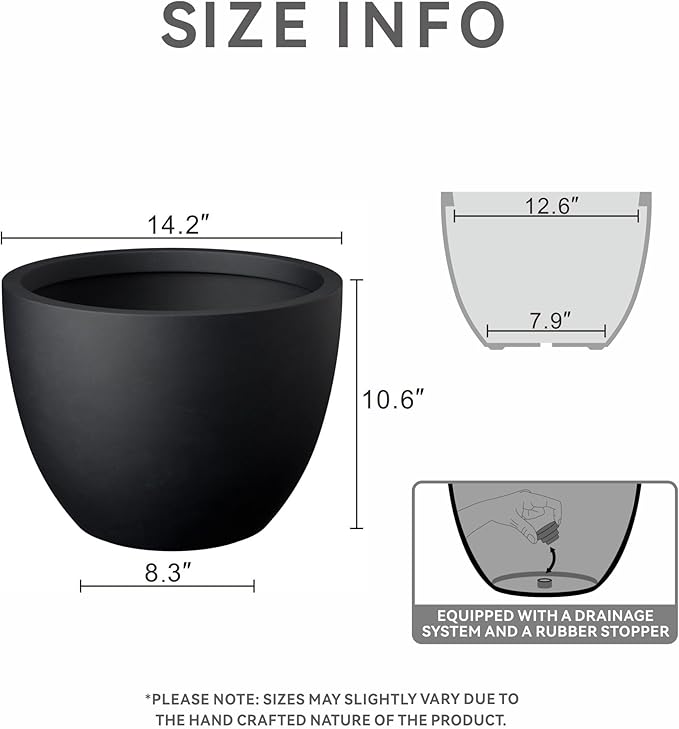 Kante 14.2 Inch Round Concrete Planter - Classic Large Indoor/Outdoor Plant Pot with Drainage Hole and Rubber Plug Suitable for Gardens and Patios Black