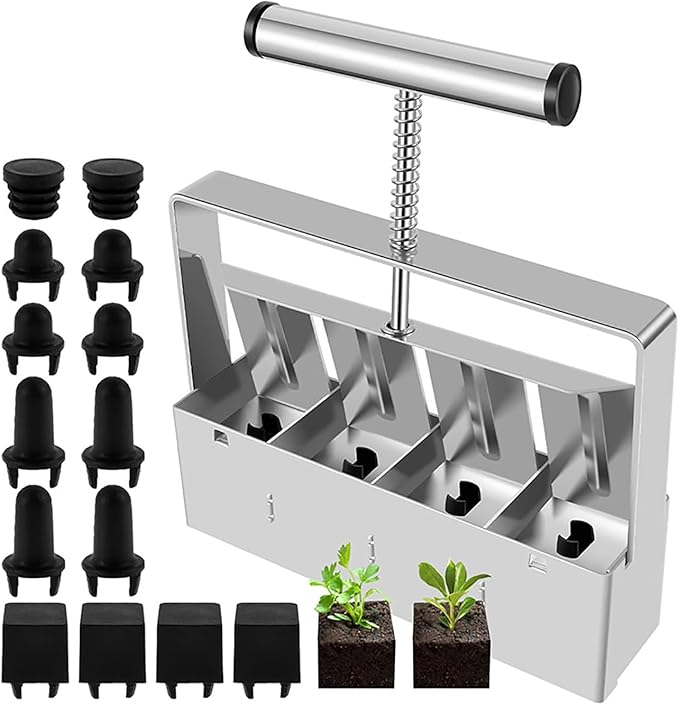 Dxcaicc Soil Blocker Stainless Steel Auxiliary Planter with 3 Accessories to Quickly Make A Set of 4 * 5Cm Soil Blocks