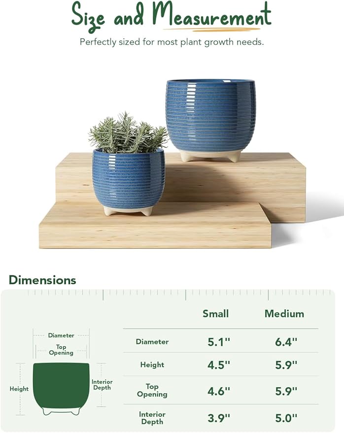 LE TAUCI Ceramic Plant Pots 5.1 + 6.4 Inch Footed Pots for Plants Modern Flower Pots for Home and Office Indoor Planters with Drainage Reactive Glaze Blue