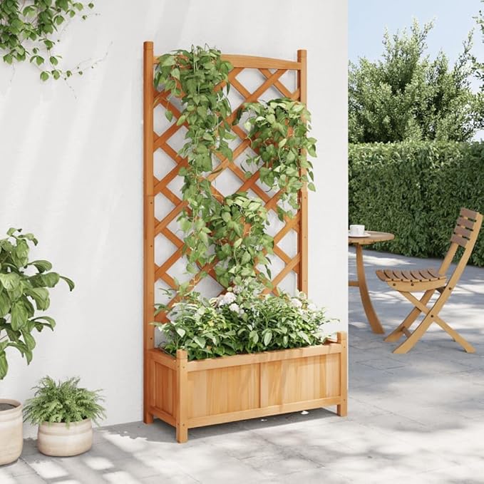 Solid Wood Planter with Trellis Wooden Raised Garden Bed with Trellis Wood Planter Box for Climbing Plants to Grow Vegetables Herbs and Flowers Brown 29.5x13.8x59.1