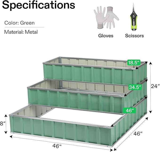 VIVOSUN 3-Tier Metal Raised Garden Bed 46 x 46 x 24 Galvanized Steel Metal Outdoor Planter Box with Gloves and Scissors to Grow Flowers Vegetables and Herbs for Outdoor Gardening Green
