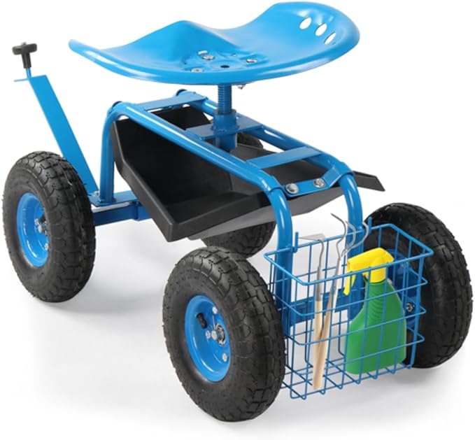 Rolling Garden Cart with Resting Seat Outdoor Patio Gardening Stool for Planting Garden Scooter with 360 Degree Swivel Seat &amp Tool Tray for Longer Hours of Horticulture (Blue Seat)