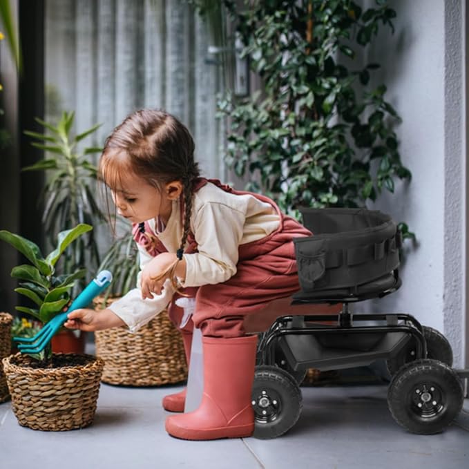 Rolling Garden Cart with Cushioned Backrest &amp Seat Outdoor Gardening Stool for Planting Garden Scooter with 360 Degree Swivel Seat &amp Steering Handle &amp Tool Tray (BackRest Seat+Handle Bla
