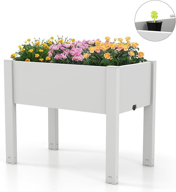 Raised Garden Bed Outdoor Elevated Planter Boxes with Legs &amp Water Level Indicator Garden Box Self-Watering Raised Beds for Gardening Balcony &amp Deck (Greyish-White)