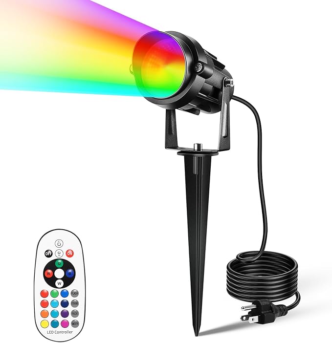 Houkiper RGB Outdoor Spotlight 8W LED Color Changing Landscape Lights with Remote Control 2 Installation Modes IP65 Waterproof Outdoor Spotlights for Garden Lawn Yard Decorative