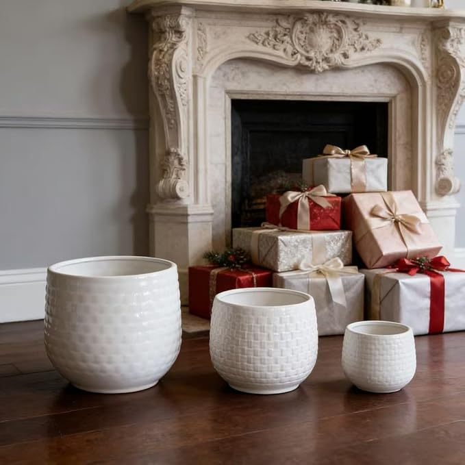 Handmade White Textured Ceramic Planter Set of 3 (9.45×8.07 7.48×6.3 5.31×4.49) Indoor Outdoor Flower Pots for Orchids Succulents by Window Couchside Breathable Clay