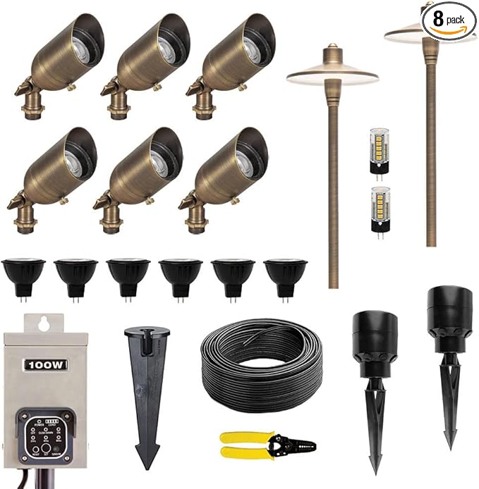 12V Brass LED Landscape Lighting Kit (6 Outdoor Spotlights 2 Path Lights) with 100W Low Voltage Transformer for House Yard Lawn Pathway Walkway Garden Driveway or Patio