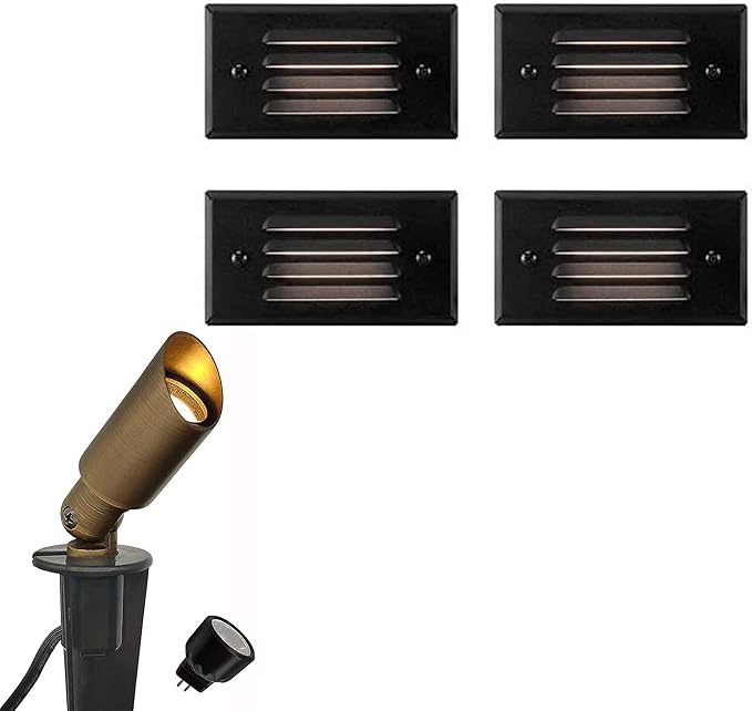 GKOLED 4-Pack Low Voltage Step Lights with Mini Size Brass Landscape Spotlight