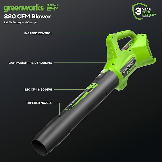 Greenworks 24V (90 MPH / 320 CFM / 200+ Compatible Tools) Cordless Axial Leaf Blower 2.0Ah Battery and Charger Included
